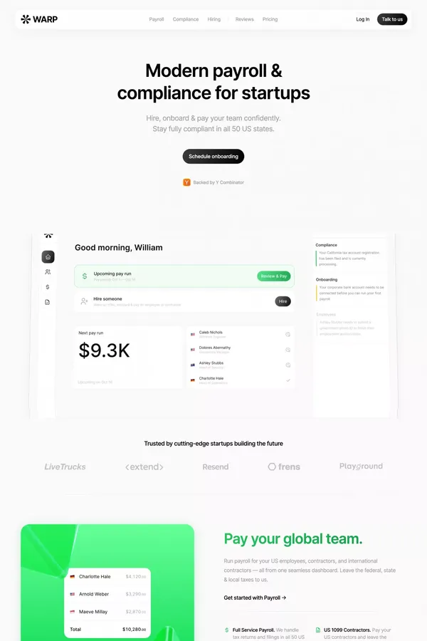 Warp | Modern compliance & payroll for startups - Landing design inspiration