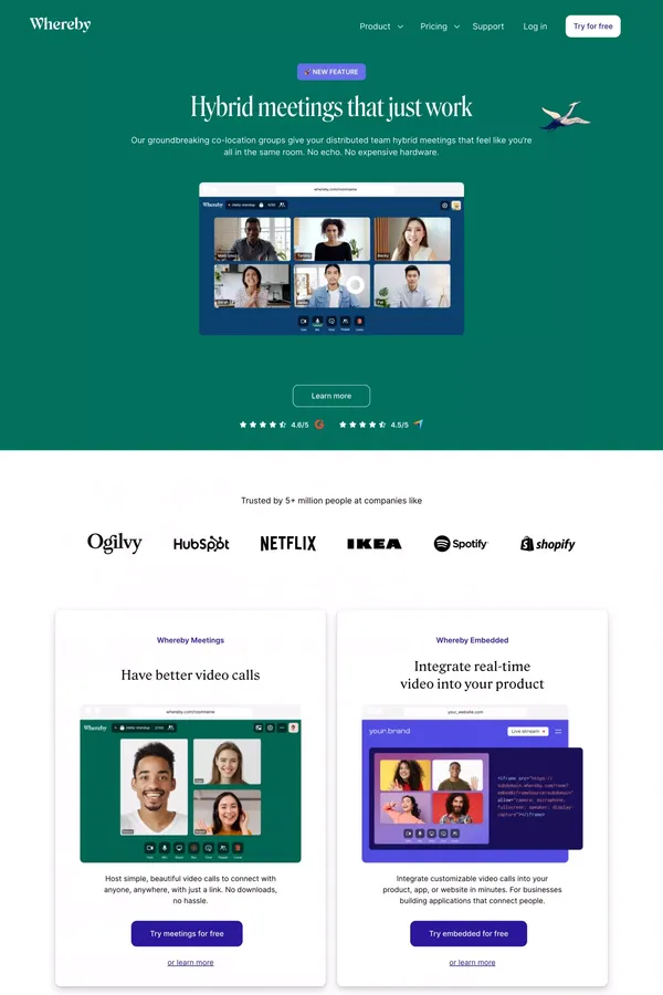 Video Meetings, Video Conferencing and Video Call API  | Whereby - Landing design inspiration