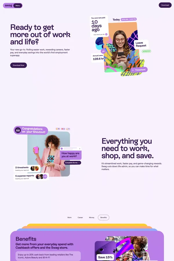 Swag: The All-in-one Superapp For Smarter Work, Career & Life. - Landing design inspiration