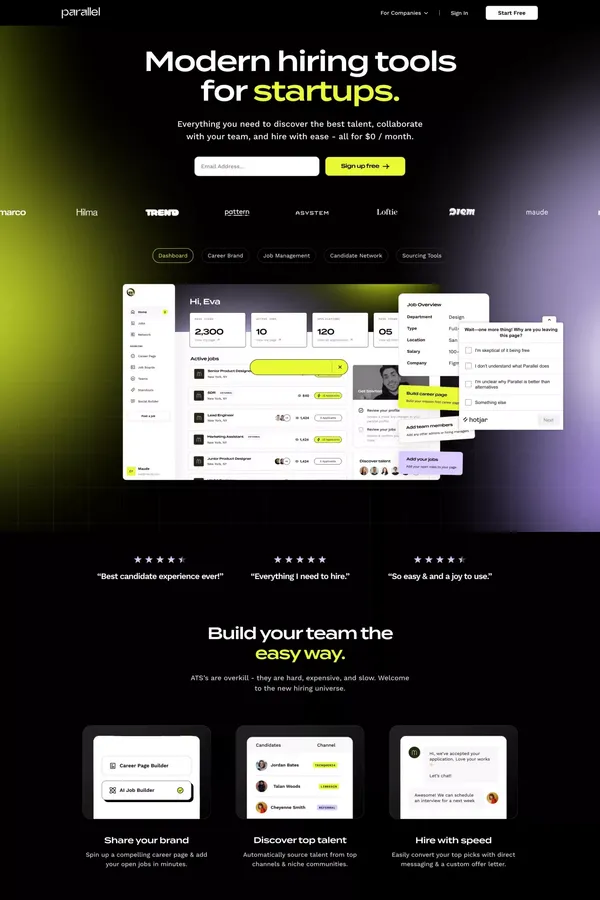 Parallel | Modern Hiring Tools for Startups - Landing design inspiration