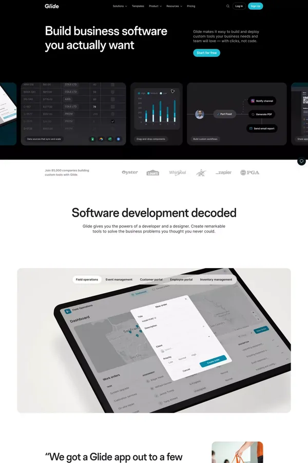 Glide | Build custom business software in minutes - Landing design inspiration