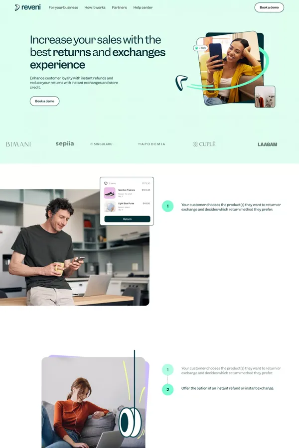 Increase your sales with instant returns and exchanges - Landing design inspiration