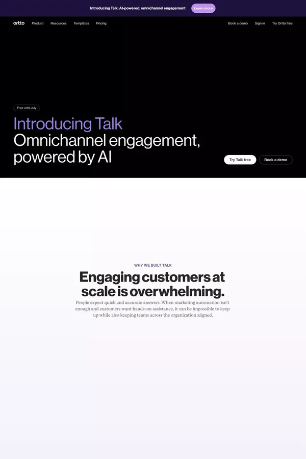 Talk, AI-powered omnichannel engagement platform | Ortto - website design inspiration