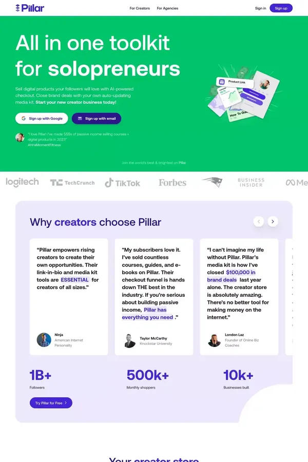 Pillar - Your Creator Store and More - Landing design inspiration