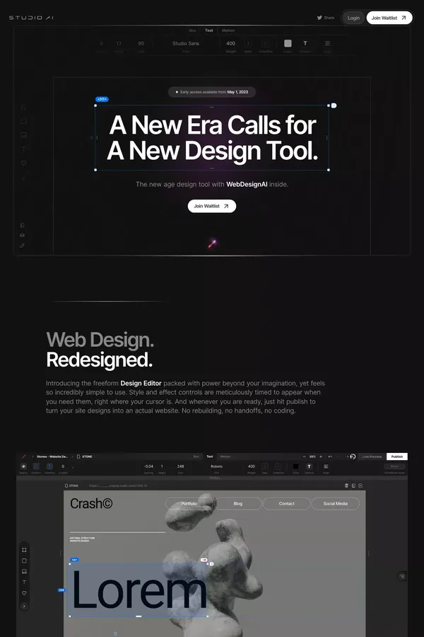 STUDIO AI | The new age design tool with WebDesignAI inside. - Landing design inspiration