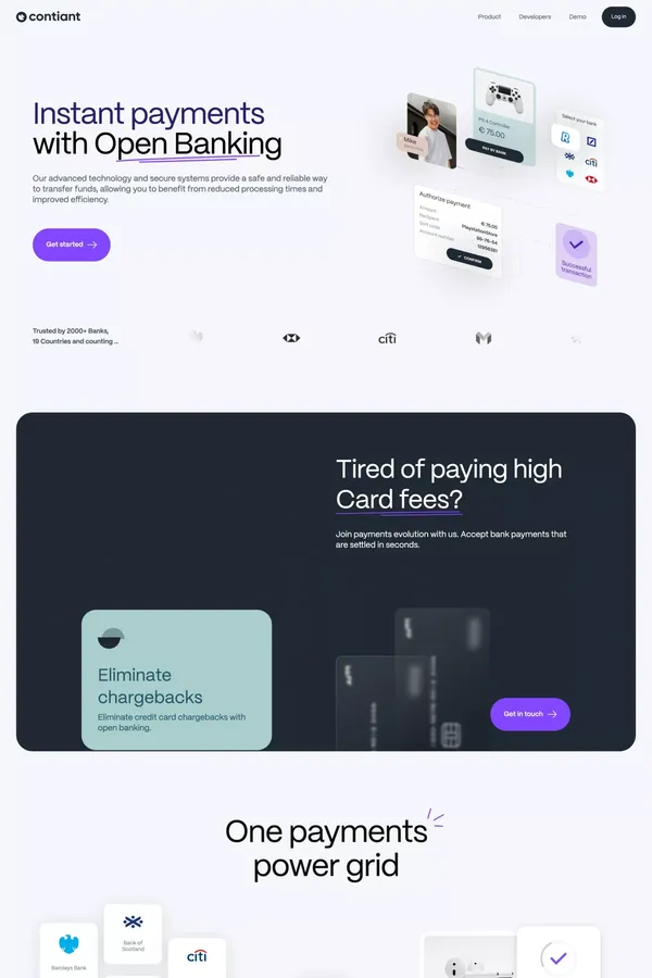 Contiant - Enjoy instant payments with Open Banking - Landing design inspiration