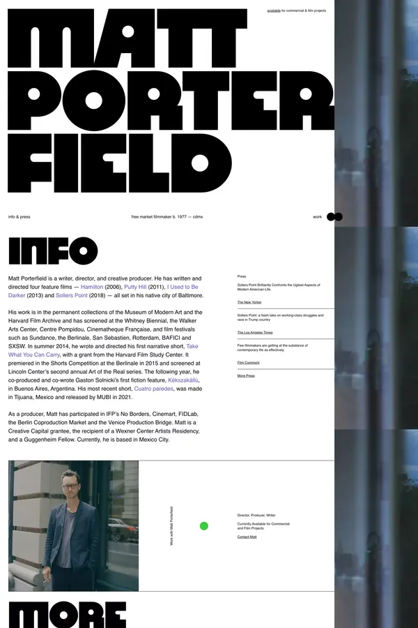 Matthew Porterfield — Free Market Filmmaker, Director, and Writer - Portfolio design inspiration