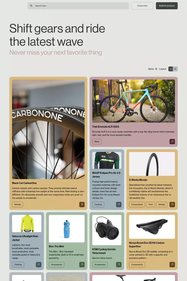 itdepends.cc - the best new products in cycling - Product listing design inspiration