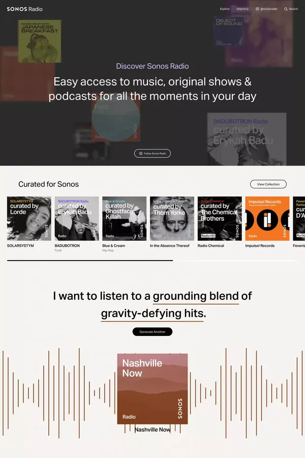 Sonos Radio | Original music stations and shows for all of life's moments - Landing design inspiration