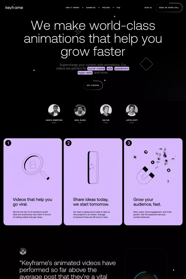 Keyframe | Supercharge Your Content with World-Class Animators - Landing design inspiration