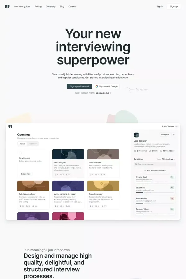 Run exceptional job interviews | Hireproof - Landing design inspiration