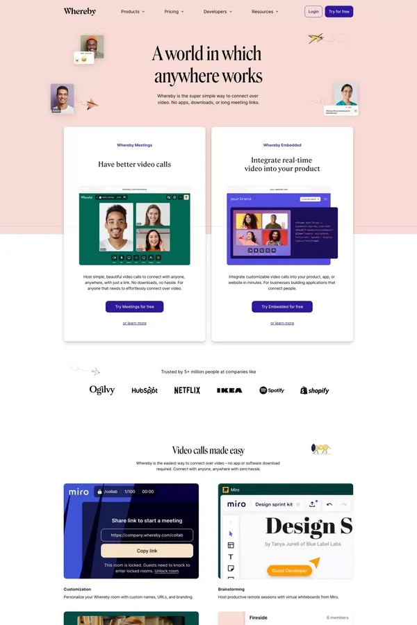 Video Meetings, Video Conferencing and Video Call API | Whereby - Landing design inspiration