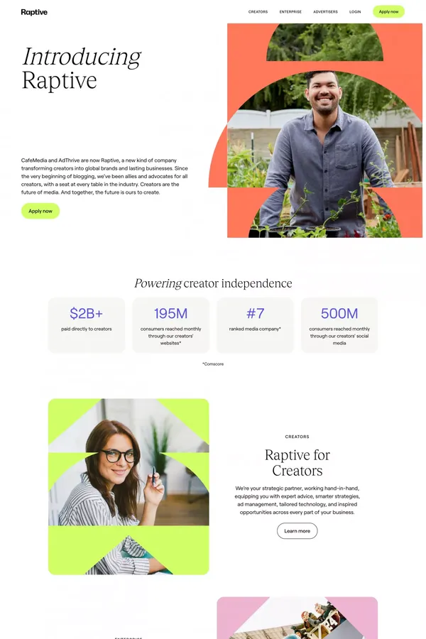 Raptive — Powering creator independence - Landing design inspiration