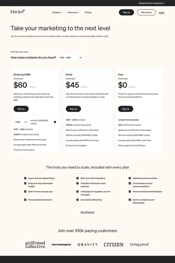 Email Marketing & SMS Pricing & Cost | Klaviyo Price Plans - Pricing design inspiration