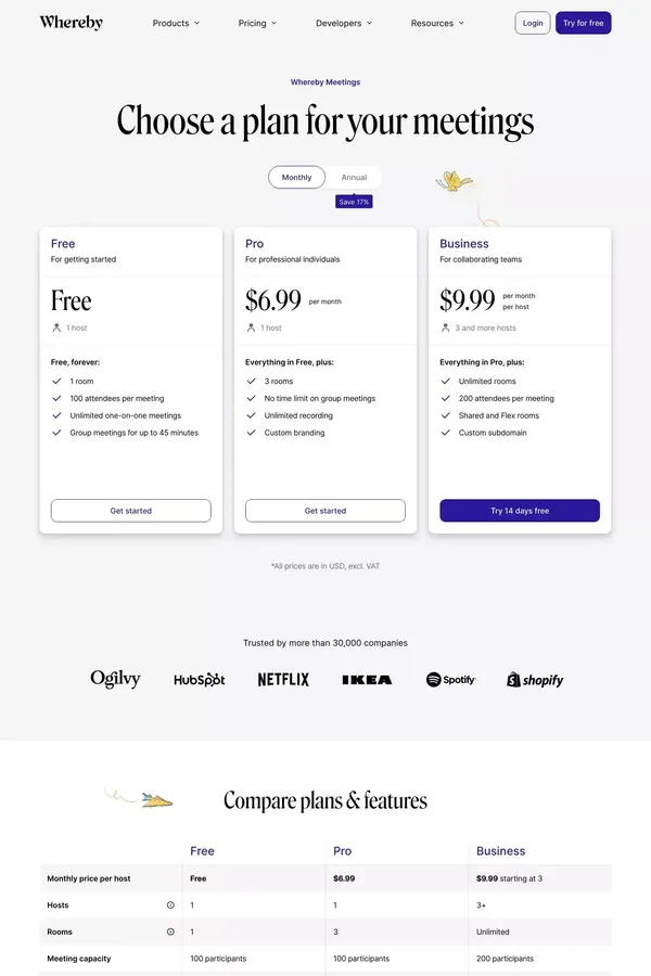 Video Meetings Pricing | Video Conferencing | Whereby - Pricing design inspiration