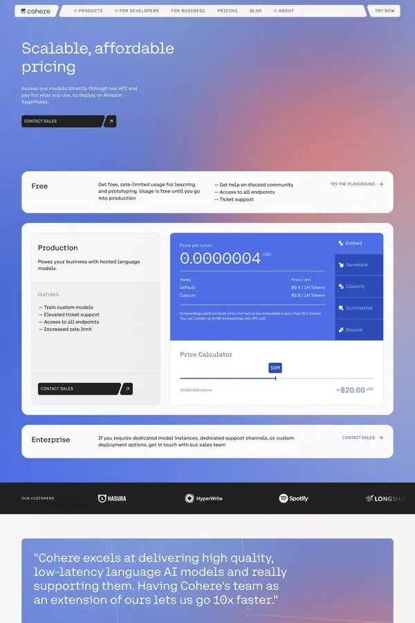 Pricing - Affordable NLP & Language Model Solutions | Cohere - Pricing design inspiration