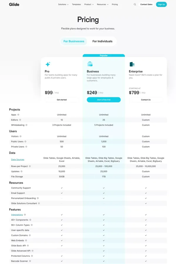 Glide Pricing | Flexible No Code App Development Pricing - Pricing design inspiration