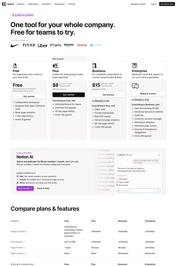 Notion Pricing Plans - Pricing design inspiration