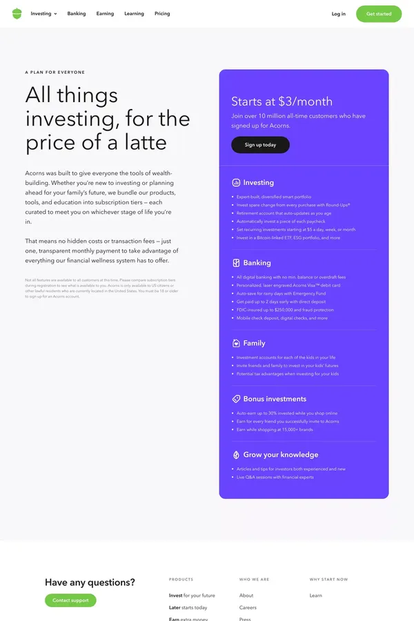 Pricing | Acorns - Pricing design inspiration