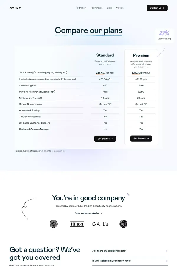 Stint Pricing - No sign-up fee, no retainer fee, just a profit increase - Pricing design inspiration