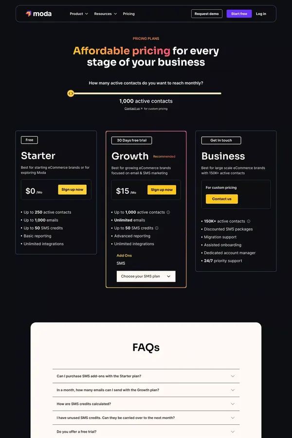Moda Pricing & Plans - Email Marketing & SMS Pricing & Cost - Pricing design inspiration