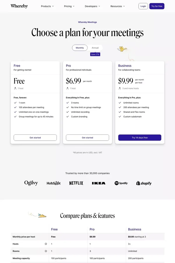 Video Meetings Pricing | Video Conferencing | Whereby - Pricing design inspiration