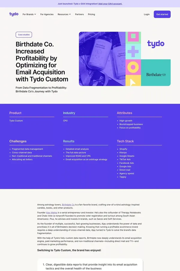 Birthdate Co. Increased Profitability by Optimizing for Email Acquisition with Tydo Custom - Case Study design inspiration