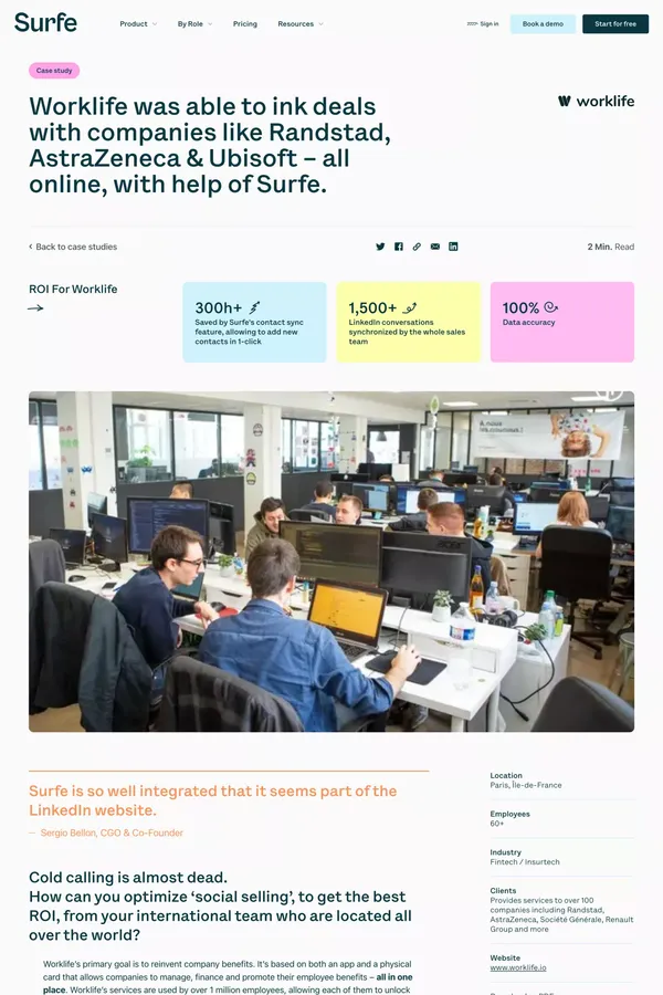 Worklife inked deals with Randstad or AstraZeneca with Surfe - Case Study design inspiration