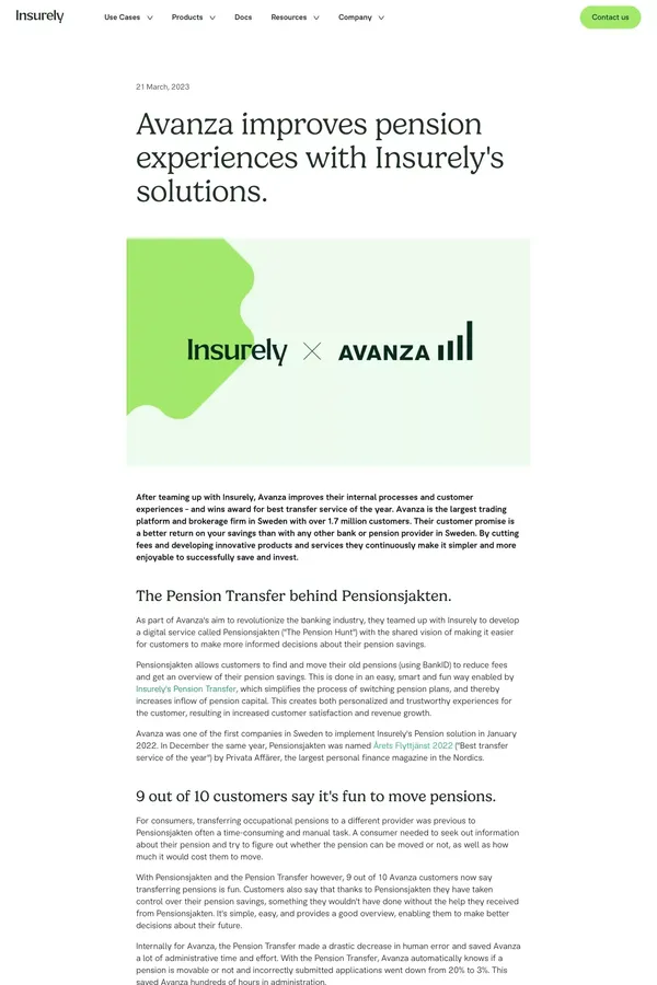 Avanza improves pension experiences with Insurely's solutions. | Insurely - Case Study design inspiration