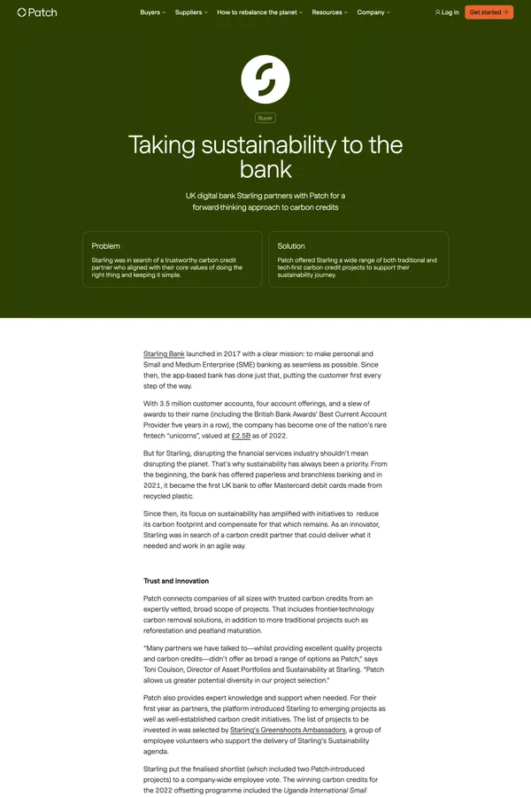 UK digital bank Starling partners with Patch for a forward-thinking approach to carbon credits | Patch - Case Study design inspiration