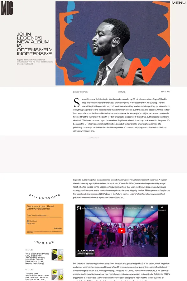 John Legend’s new album is offensively inoffensive - Blog Post design inspiration