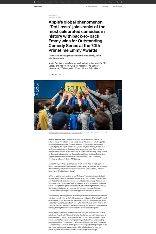 Apple’s “Ted Lasso” wins back-to-back Emmy Awards for Outstanding Comedy Series - Apple - Blog Post design inspiration