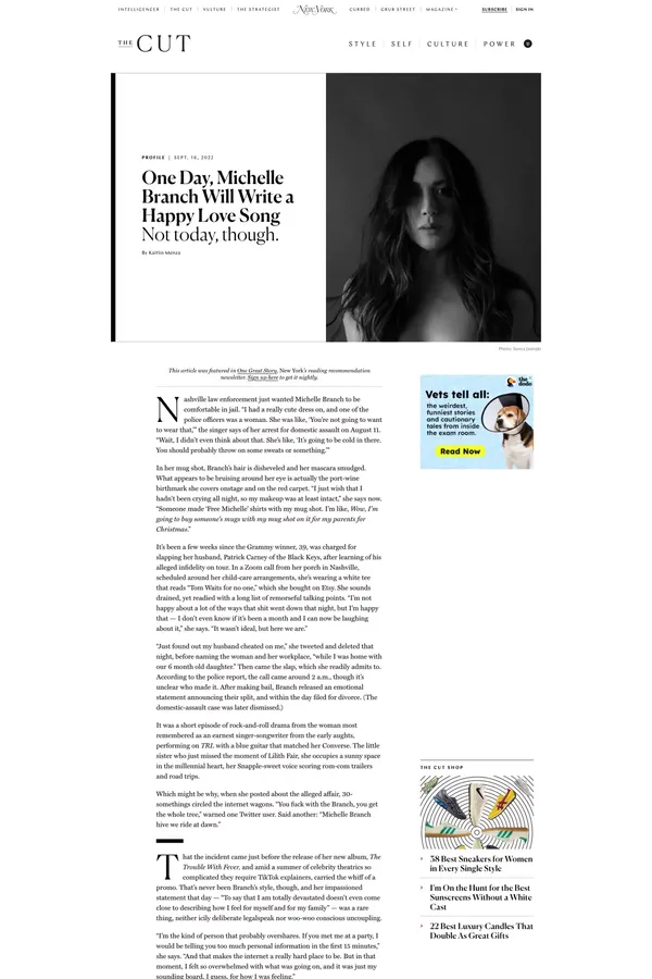 Michelle Branch on Her Arrest, Marriage, and New Album - Blog Post design inspiration