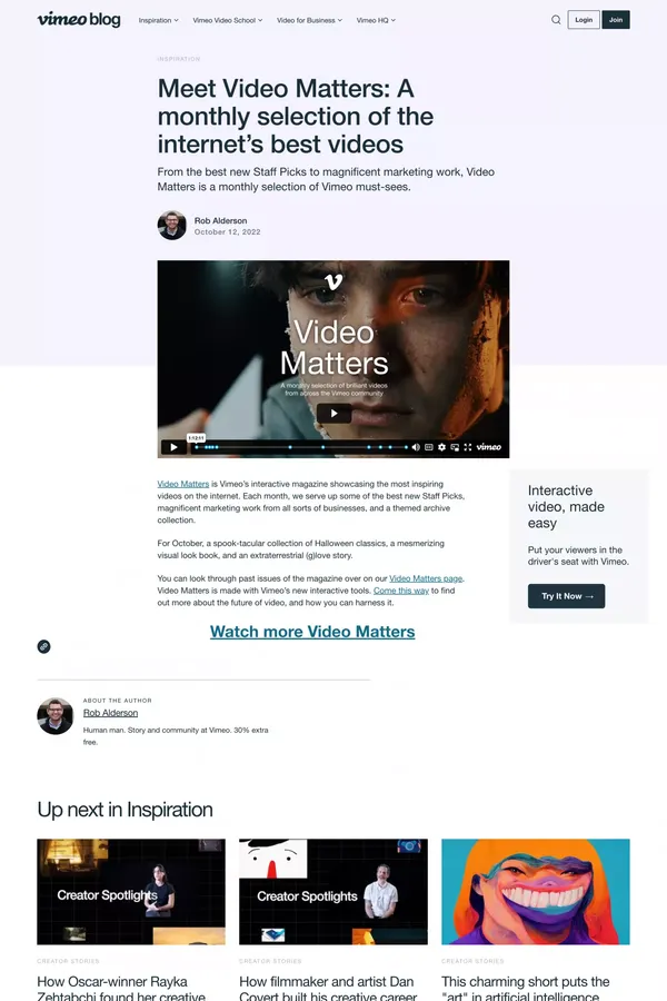 Meet Video Matters: A monthly selection of brilliant videos from our community | Vimeo - Blog Post design inspiration