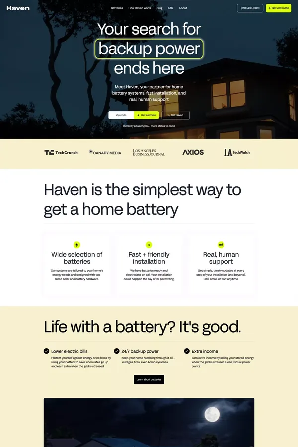 Haven Energy - Residential Energy Storage - Landing design inspiration