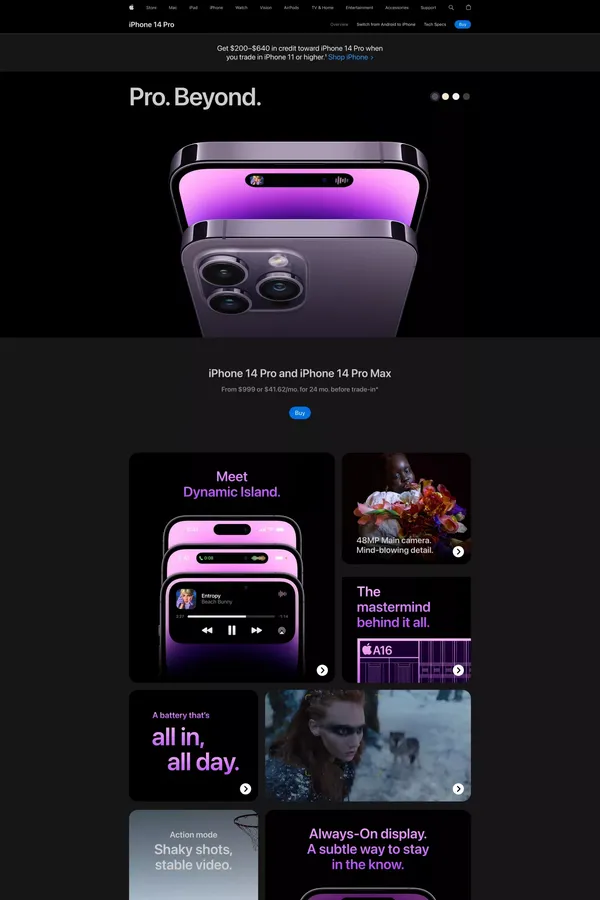 iPhone 14 Pro and iPhone 14 Pro Max - Apple - Landing design inspiration