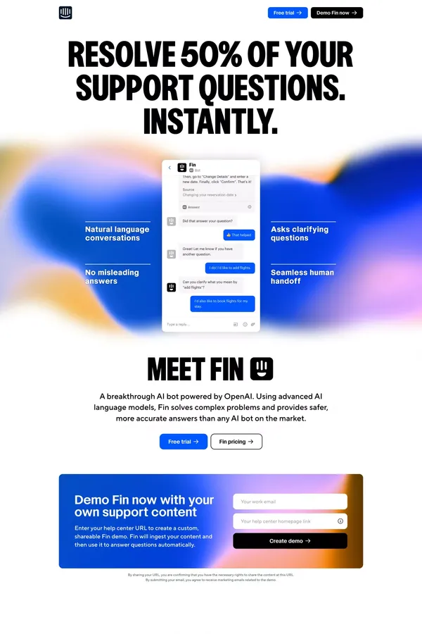 Resolve 50% of customer support questions. Instantly - Landing design inspiration