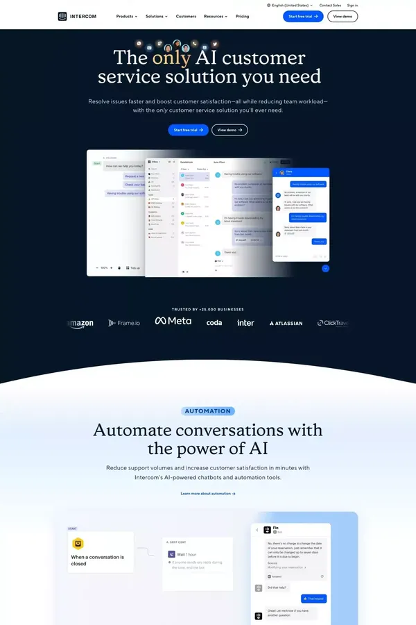 Intercom: The best of automation and human customer service - Landing design inspiration