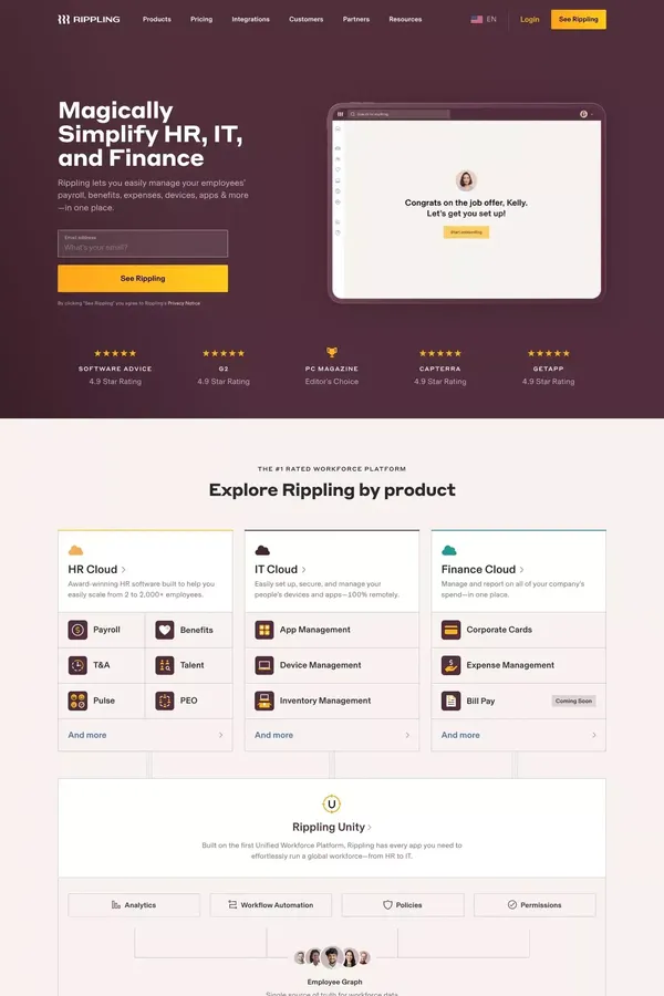 Rippling: #1 Workforce Management Platform | HR, IT, Finance - website design inspiration