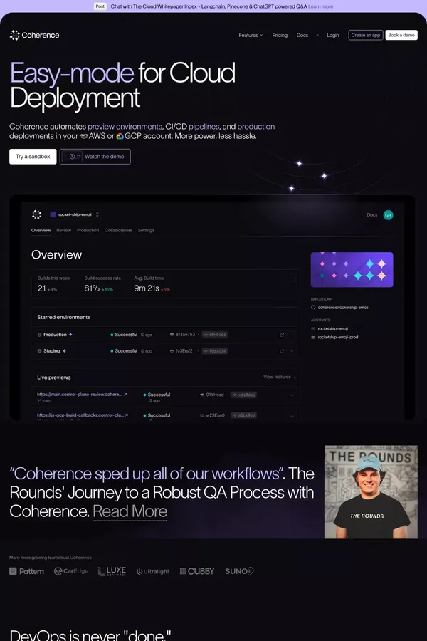 Coherence — The Heroku-like DX layer for your AWS - Landing design inspiration