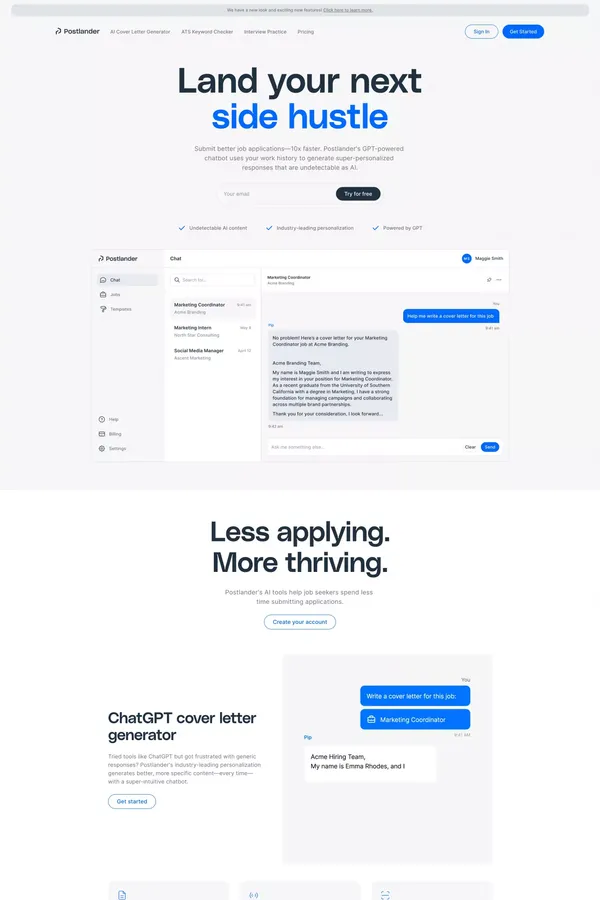 Postlander | AI Cover Letter Generator, Resume Keyword Checker - Landing design inspiration