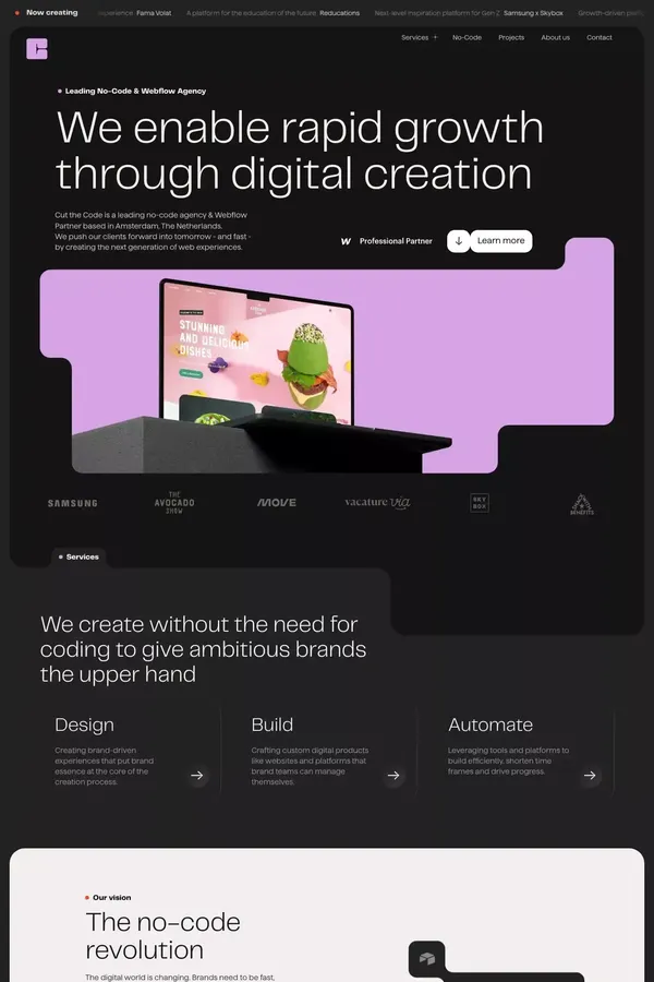 No-Code Agency & Webflow Partner for Ambitious Brands | Cut the Code - Landing design inspiration