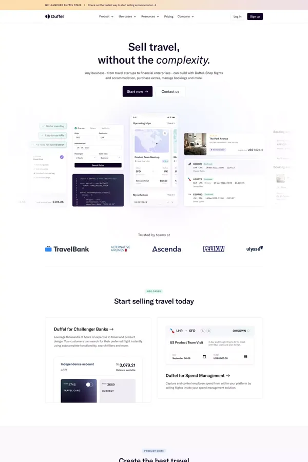 Duffel - The best API to sell travel. - Landing design inspiration