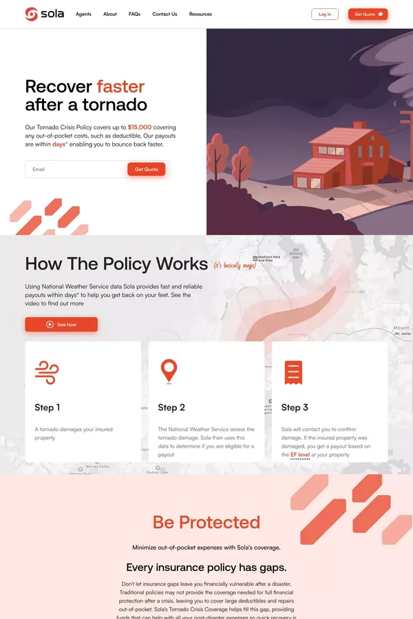 Sola | Fast payouts after tornadoes - website design inspiration