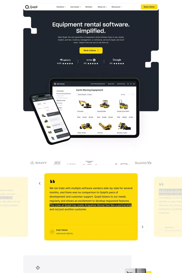 Equipment Rental Software & Inventory Management | Quipli - Landing design inspiration
