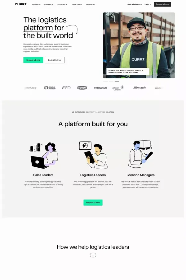 Curri | Delivery logistics for the built world - Landing design inspiration