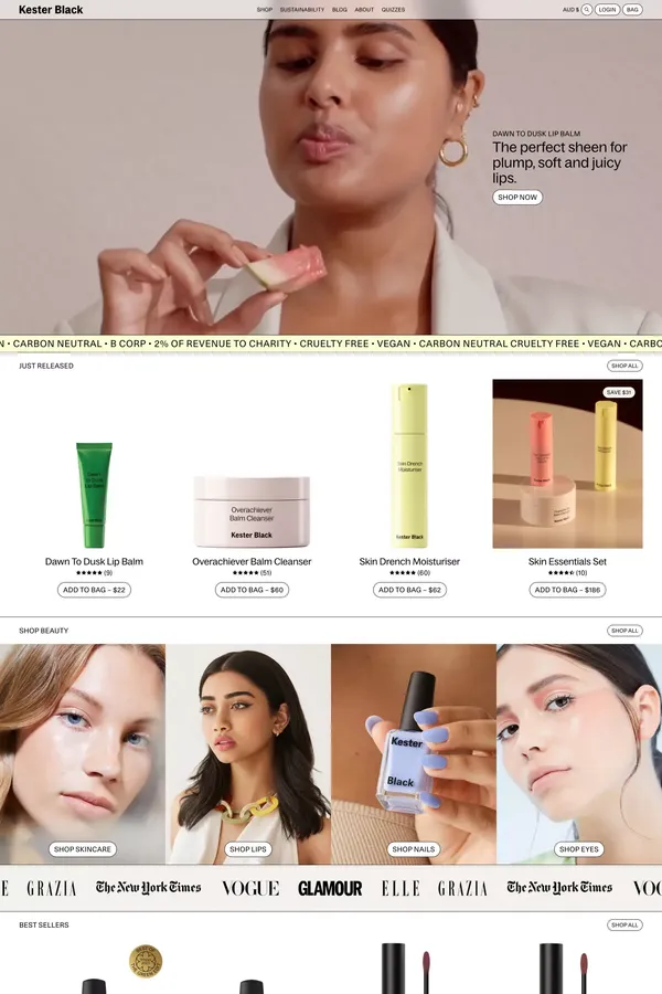 Hardworking Skincare & Beauty Products, Over 7500 x 5 star reviews – Kester Black Australia - Ecommerce design inspiration