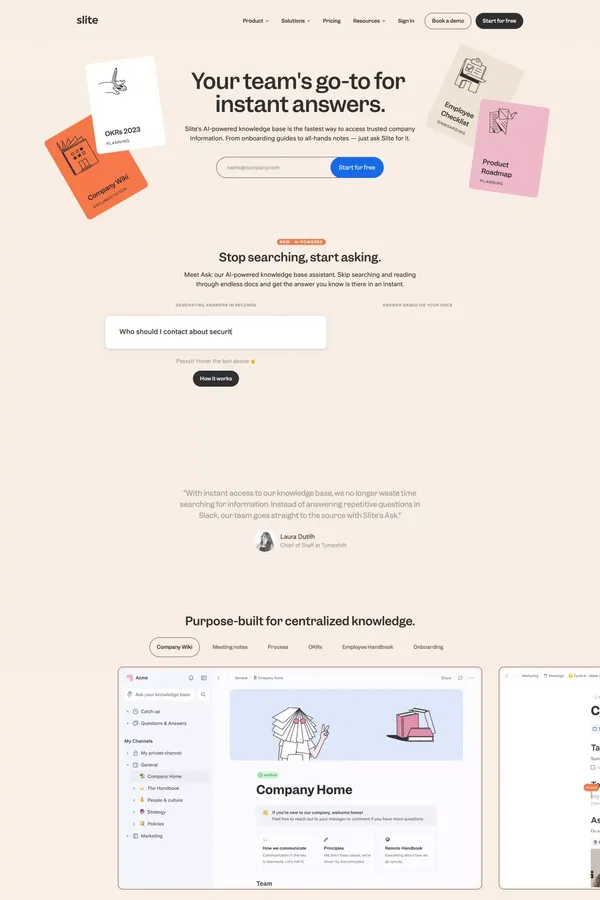 Slite - AI-powered knowledge base - Landing design inspiration