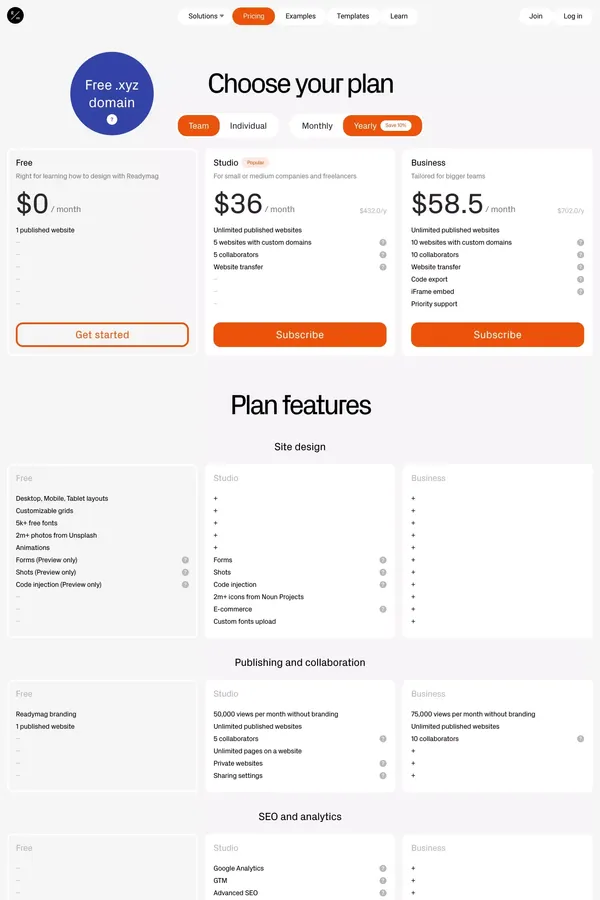 Readymag pricing and plans - Pricing design inspiration