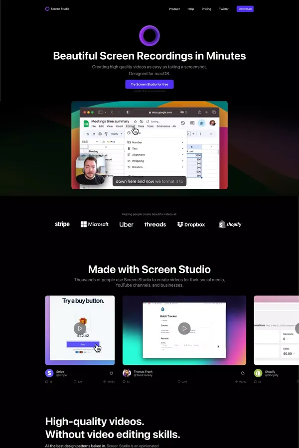 Screen Recorder for macOS. Beautiful videos in minutes | Screen Studio - Landing design inspiration